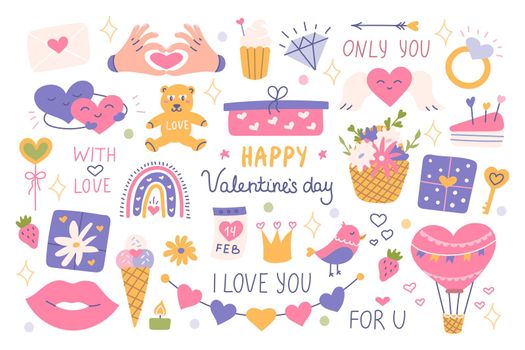 Set Valentines Day with decorative elements, symbols of love, phrases. Vector flat illustration for stickers, postcards