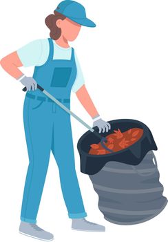 Cleaner gather leaves in bucket semi flat color vector character