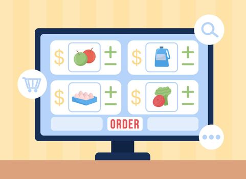 Choose groceries online flat color vector illustration