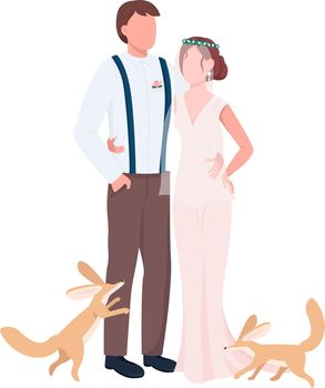 Newlyweds with cute pets semi flat color vector characters. Standing figures. Full body people on white. Outdoor wedding isolated modern cartoon style illustration for graphic design and animation