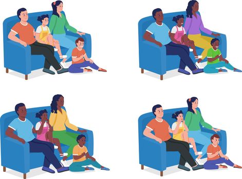 Family members sitting on couch semi flat color vector characters set