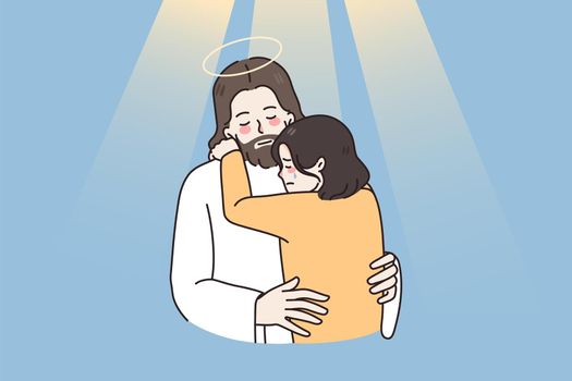 Jesus hug comfort unhappy small girl child