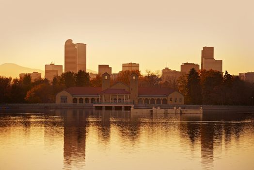 Denver City Park in Sunset. Denver, Colorado, USA. Lake Reflections. Downtown Denver. American Cities Collection.