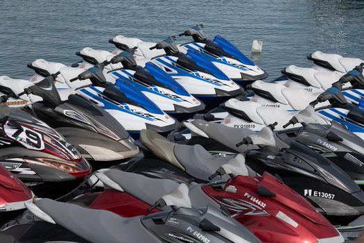 Jet ski rental , View from beach at Mediterranean seaside town of Banyuls sur Mer, Pyrenees Orientales department, southern France