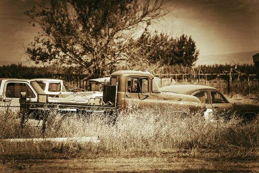 Aged American Cars Graveyard Somewhere in California. Rusty Abandoned Cars. Sepia Color Grading.
