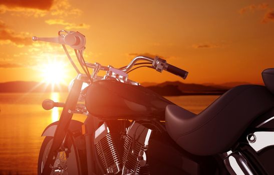 Motorcycle Traveling Concept. Motorcycle and the Sunset Scenery.