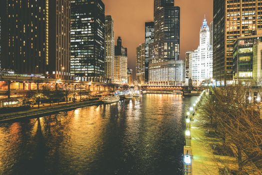 Chicago River at Night. Downtown Chicago Night Cityscape.