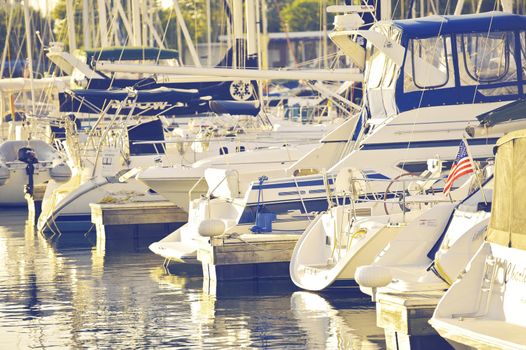Chicago Marina in Ultraviolet Color Grading. Motorboats and Yachts in Marina. Recreation Photo Collection.
