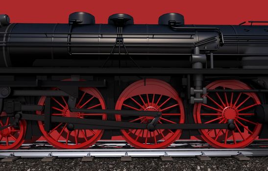 Steam Locomotive Wheels Closeup Illustration on Red Background. 