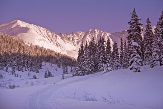 Scenic Winter Colorado Landscape at Sunset. Colorado Rocky Mountains Wilderness.