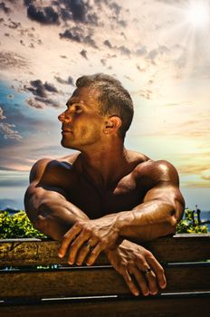 Handsome Muscular Shirtless Hunk Man Sitting on Bench