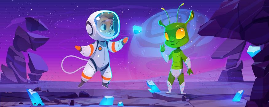 Cute spaceman and alien characters on planet