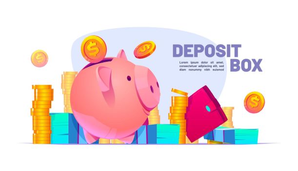 Deposit box banner with piggy bank, coins, purse