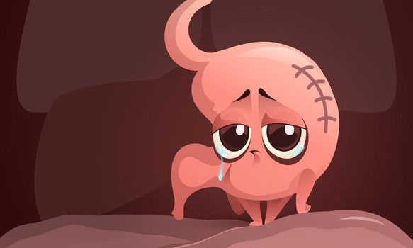 Cartoon upset stomach character, crying mascot