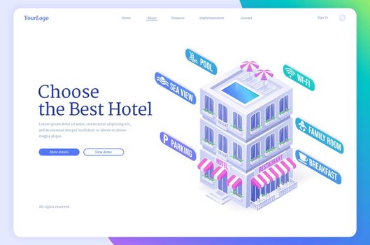 Choose best hotel isometric landing page, booking