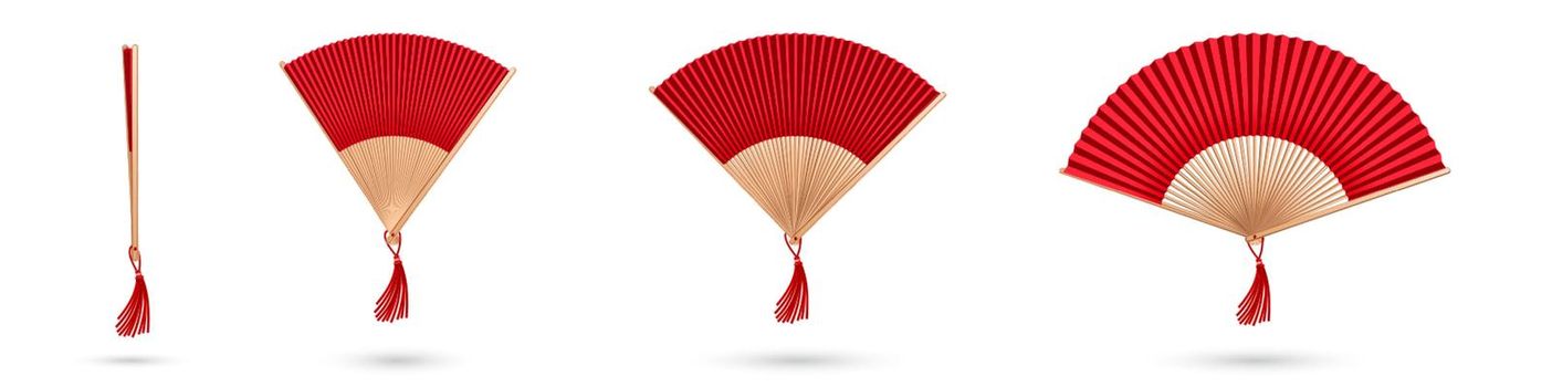 Red chinese hand fan, wooden handlend accessory