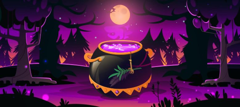 Forest with witch cauldron at night