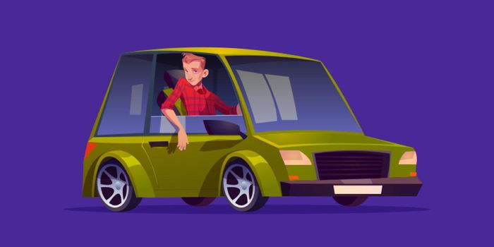 Man sitting in the car, driver cartoon character