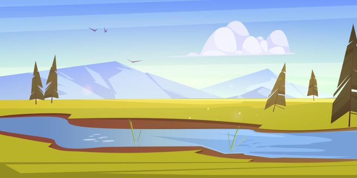 Cartoon scenery landscape with lush green fields