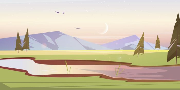Early morning cartoon scenery landscape, meadows