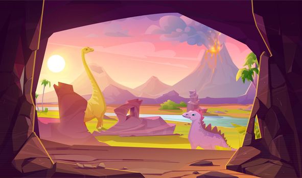 Prehistoric scene with dinosaurs, volcano and cave