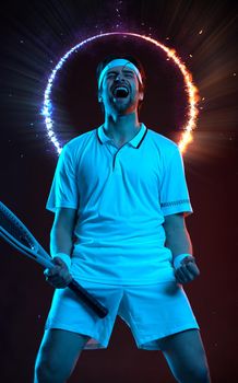 Tennis player. Happy sportsmen celebrating victory. Sport athlete with racket in white t-shirt.
