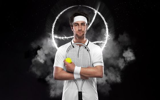 Tennis player with racket in white costume. Man athlete on the grand arena with tennis courts.