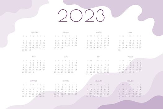 2023 calendar horizontal landscape template with wavy pink and lilac elements. Week starts on sunday