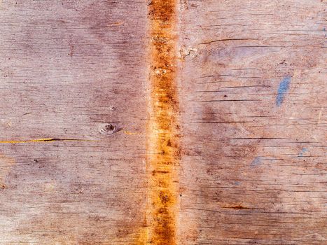 Faded texture of a wooden plank surface with rusty spots.