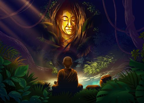 an arahant monk or holy monk is meditating in front of the mystery buddha statue that is covered with dense plants in the mysterious forest.