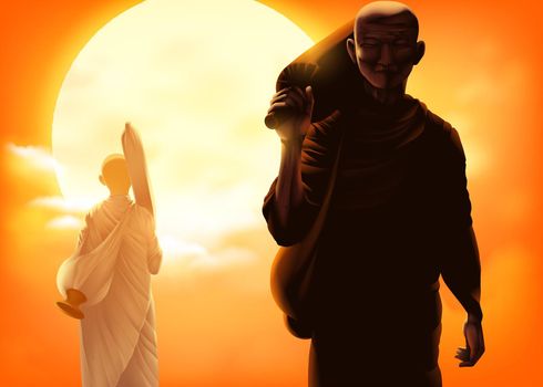 a male monk and female monk are walking in an opposite direction, but towards the same destination is Nirvana.