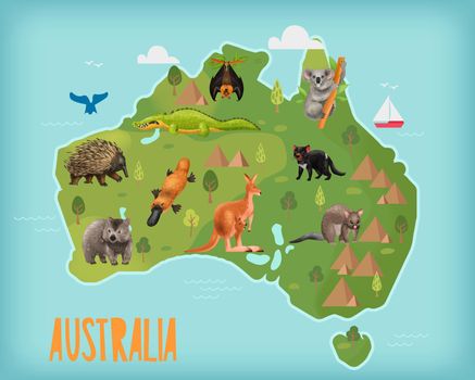 Australian animals composition with map of australia mainland with icons of landmarks plants and animals habitat vector illustration
