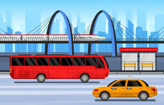 Public transport composition trains buses and cabs go as usual around the city vector illustration