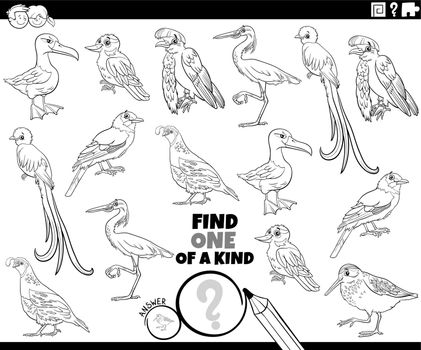 one of a kind game with cartoon birds coloring book page