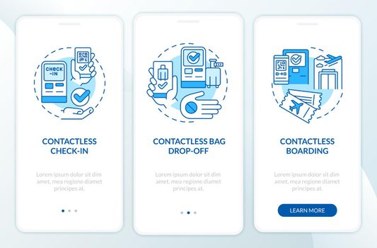 Contactless technology for travel blue onboarding mobile app screen. Walkthrough 3 steps graphic instructions pages with linear concepts. UI, UX, GUI template. Myriad Pro-Bold, Regular fonts used