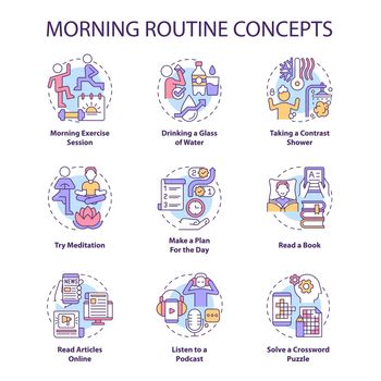 Morning routine concept icons set