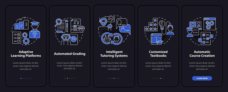 Automation of education night mode onboarding mobile app screen set. AI walkthrough 5 steps graphic instructions pages with linear concepts. UI, UX, GUI template. Myriad Pro-Bold, Regular fonts used