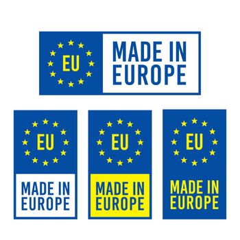 Made in EU badge label in blue and yellow color. quality sign. Stock vector illustration isolated on white background
