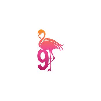 Flamingo bird icon with Number 9 Logo design vector