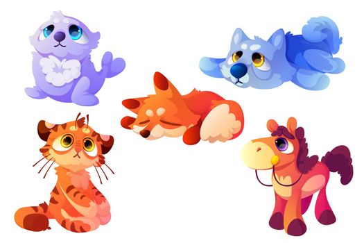 Plush animals, cute soft toys for babies. Vector cartoon set of funny fluffy playthings, pretty textile dog, cat, seal, fox and horse. Wild animals and pets isolated on white background