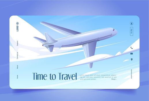 Time to travel cartoon landing, airplane in sky