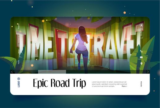 Epic road trip cartoon landing page, woman escape