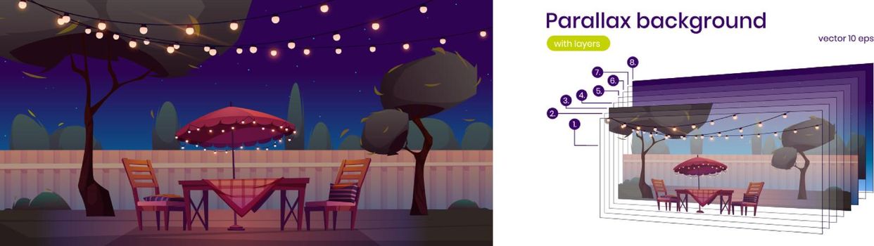 Backyard with fence, table, chairs, umbrella, trees and garland at night. Vector parallax background for 2d animation with cartoon summer landscape of patio or garden with furniture for picnic on lawn
