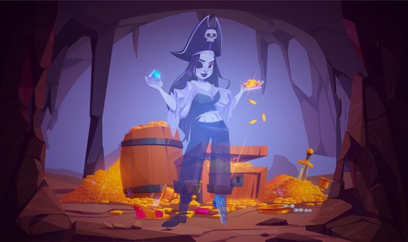Ghost of girl pirate in cave with treasure