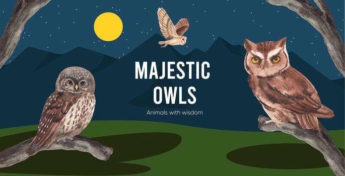 Billboard template with owl bird concept,watercolor style
