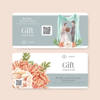 Voucher template with boho flower wedding concept,watercolor style