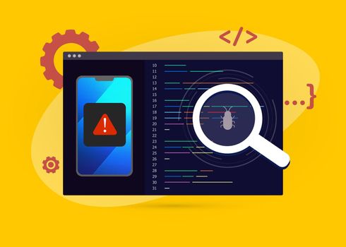 Debug Mobile Application, Software App Development concept. Test and fixing application, mobile debugging tools. Flat vector illustration