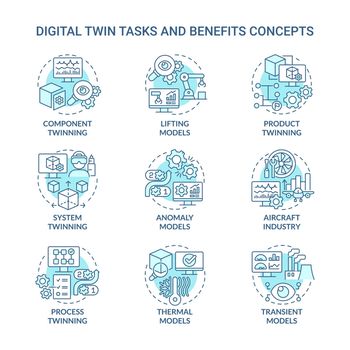 Digital twin tasks turquoise concept icons set