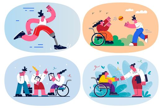 Set of happy diverse people with disabilities satisfied with good life quality. Collection of person having chronic physical disability living full joyful live. Equality concept. Vector illustration.