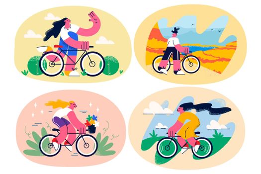 Set of smiling person enjoy outdoor activity riding bicycle 